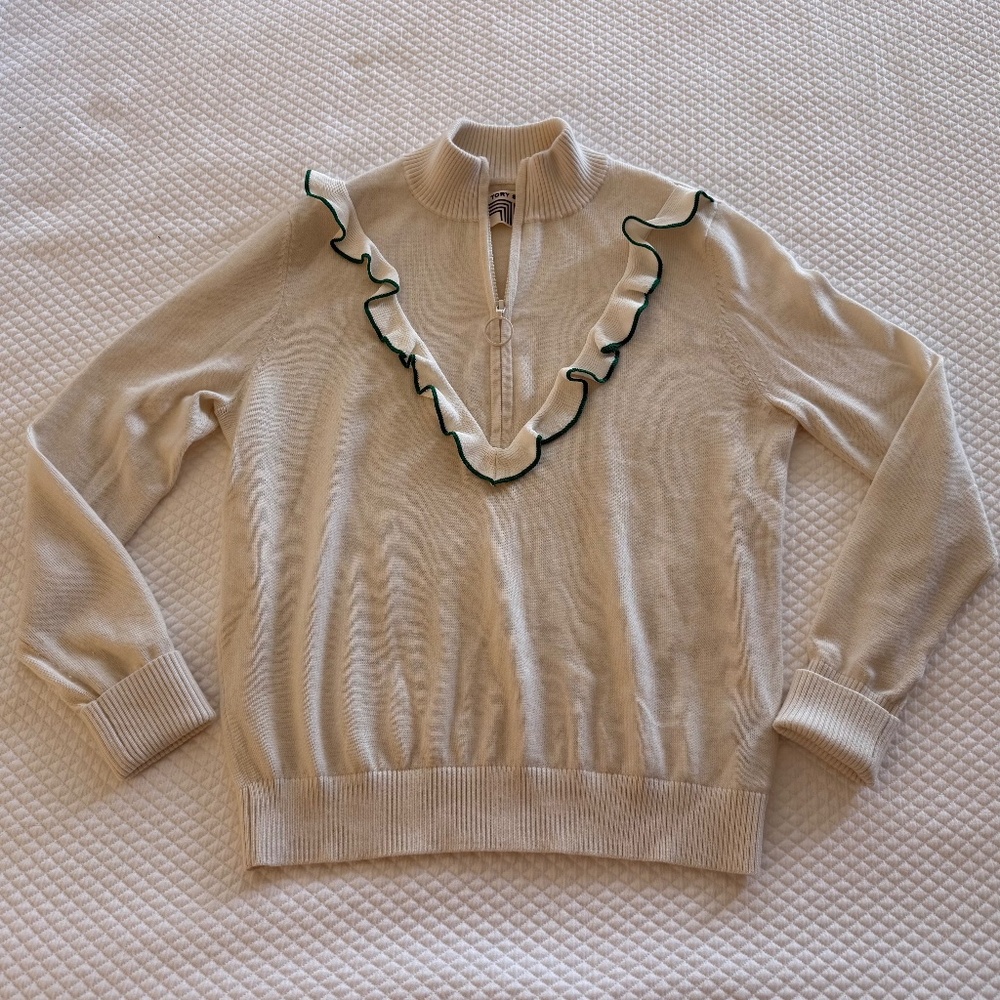 Tory Burch Sport Quarter Zip Pullover Cream with Green Piping Extra Small XS